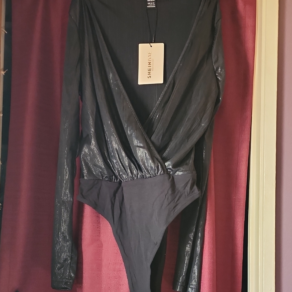 Shein Shiny Black Faux Wrap Bodysuit